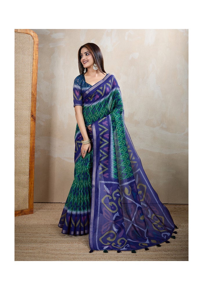 Malishka Export Chanderi Digital Print Saree in Blue - Image 1
